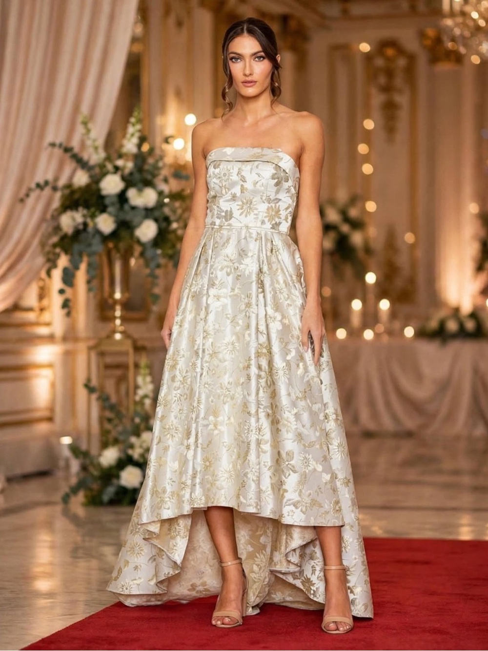 Mac Duggal NEW White Gold Brocade Strapless Golden Floral High Low Gown - Size 6